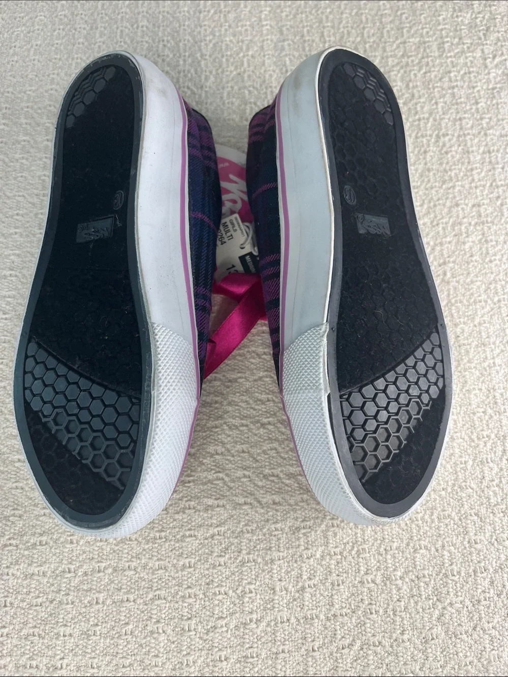 NSS Girls ribbon tie, plaid tennis shoes, NWT size 13, black purple pink vintage